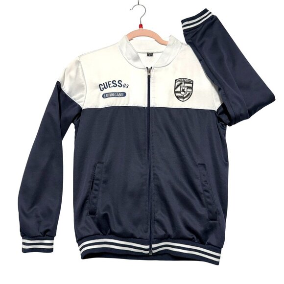 Guess 03 Boys Size L Full-Zip Navy White Jacket Embroidered Logos Side Pockets - Picture 1 of 7
